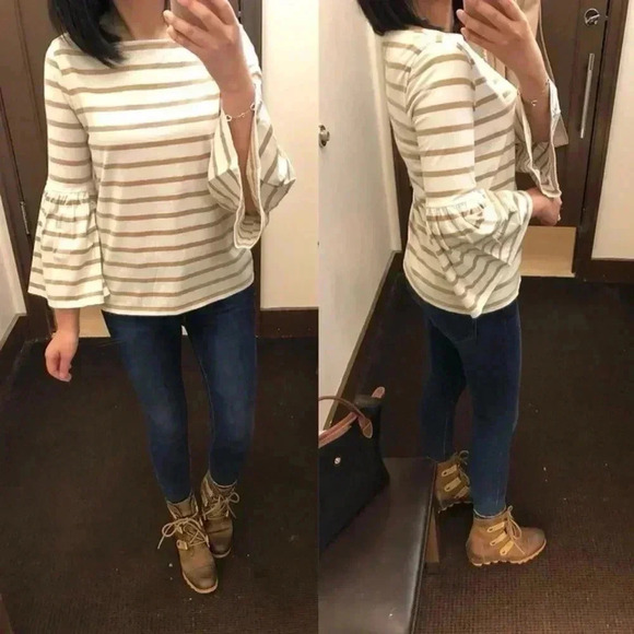 Banana Republic Bell Sleeve Top Supima Cotton Stripes White & Tan Size  XS - Picture 2 of 15